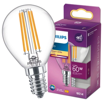 LED-Kugellampe E14 P45 6,5W = 60W 806lm 2700K warmes Filament PHILIPS