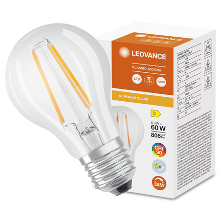 E27 A60 LED Lampen 5,8 W = 60 W 806 lm 4000 K Neutral 300° CRI90 Filament dimmbar LEDVANCE Superior