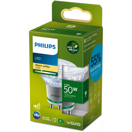 Halogen-LED Leuchtmittel GU10 PAR16 2,1W = 50W 375lm 2700K Warm 36° PHILIPS Ultra Efficient