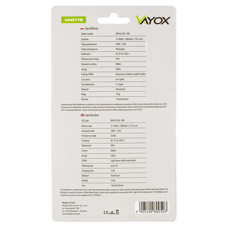 Taktische Hand-Taschenlampe Leistungsstarke XHP50 800lm ZOOM USB-C VA0116 Vayox