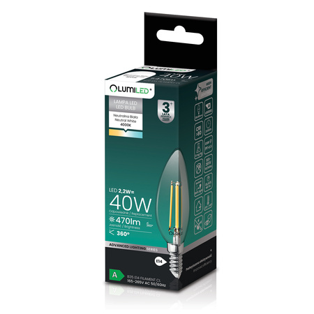 LED-Lampe E14 Kerze B35 2.2W 470lm = 40W 4000K neutralweiß 360° Filament Energieklasse A LUMILED