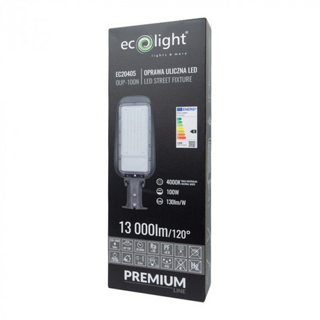 LED-Straßenleuchte 100W 13000lm 4000K Neutral IP65 130lm/W PREMIUM Ecolight