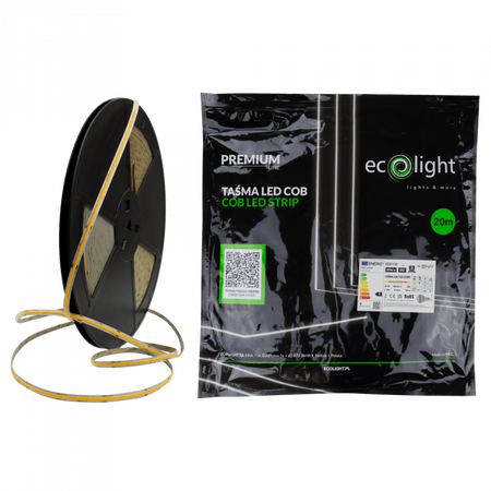 LED-Streifen COB 9W/m 945lm/m 480LED/m 12V 3000K Warm IP67 Rolle 20m Ecolight