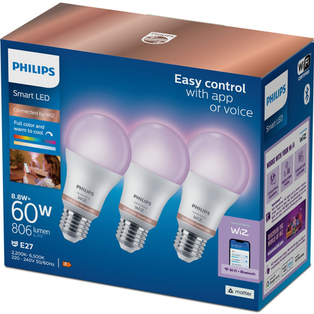 3x LED-Glühbirne E27 8.8W = 60W WHITE + RGB SMART WiFi Philips WiZ