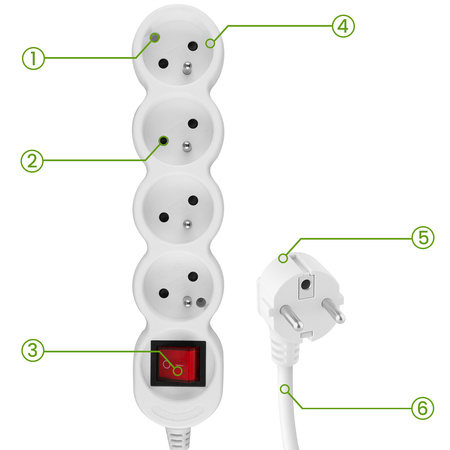 Netzverlängerungskabel geerdete Steckdosenleiste 4 Steckdosen 5m ON/OFF Schalter Weißes Kabel Lendo Lumiled