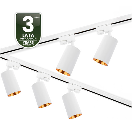 3m Stromschiene Weiß + 5x Schienenstrahler GU10 Weiß-Gold SAGI + L-Verbinder LUMILED