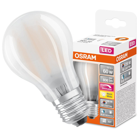LED-Lampe E27 A60 5.8W = 60W 806lm 2700K Warm 300° CRI90 Glühfaden Dimmbar OSRAM SUPER STAR+