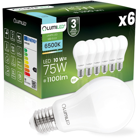 6x LED-Lampe E27 A60 10W = 75W 1100lm 6500K kaltweiß 260° LUMILED