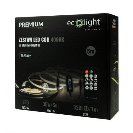 LED-Streifen COB 7W/m 630lm/m 320LED/m 24V 4000K Neutral IP20 Reel 5m + Netzteil + Fernbedienung Ecolight