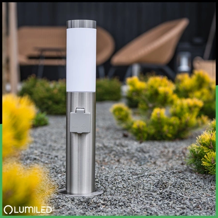 Gartenleuchte E27, Außenstehleuchte Pollerleuchte mit Steckdose 45cm 230V INOX LILIUM LUMILED