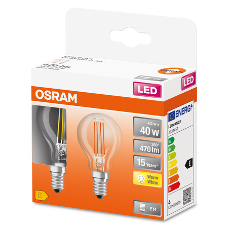 2x LED Birne P45 Ball E14 4W = 40W 470lm 2700K Warm 300° Retrofit Glühfaden CLASSIC Osram