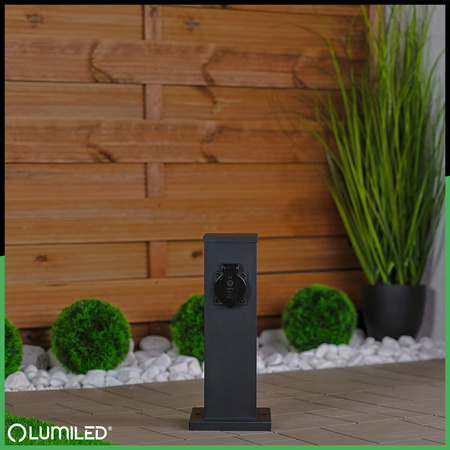 Gartenleuchte mit 2x Steckdose, Außenstehleuchte Pollerleuchte 230V 30cm Schwarz IBERI LUMILED