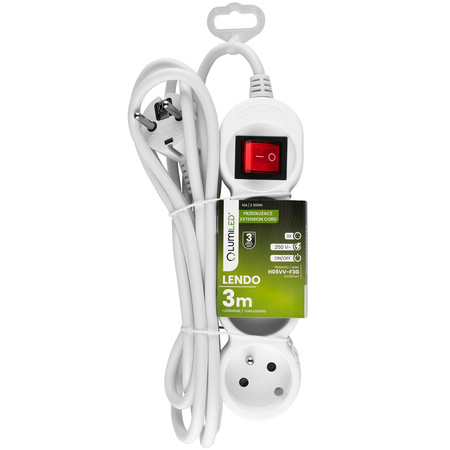 Netzverlängerungskabel Geerdete Steckdosenleiste 3 Steckdosen 3m ON/OFF Schalter Weißes Kabel Lendo Lumiled