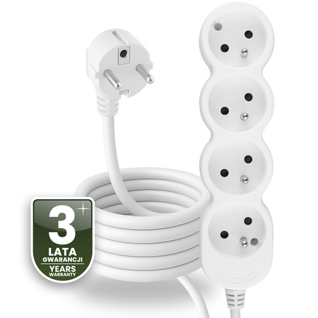 Netzverlängerungskabel Geerdete Steckdosenleiste 4 Steckdosen 3m Weißes Kabel Lendo Lumiled
