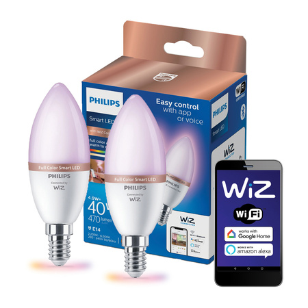 2x LED-Lampe E14 C37 4.9W = 40W 2200-6500K + RGB SMART WiFi Philips WiZ