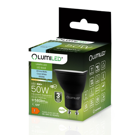 10x LED Lampen GU10, Glühbirne 6W = 50W 580lm 120° 6500K kalt Schwarz LUMILED