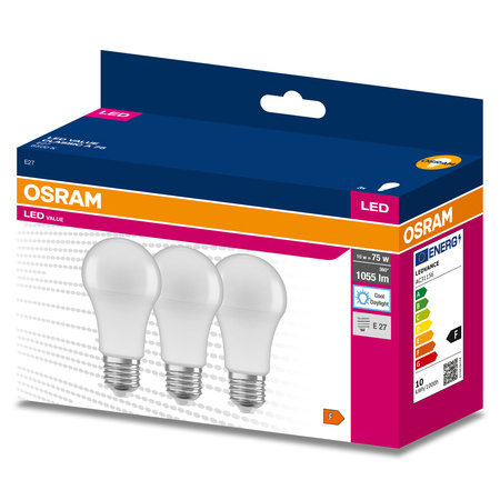 3x LED Lampe E27 A60 10W = 75W 1055lm 6500K Kalt 200° OSRAM Value