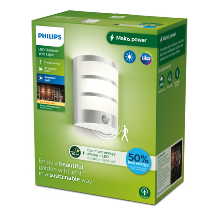 PYTHON 3.8W Bewegungsmelder LED Gartenlampe 2700K Warm IP44 Silber PHILIPS