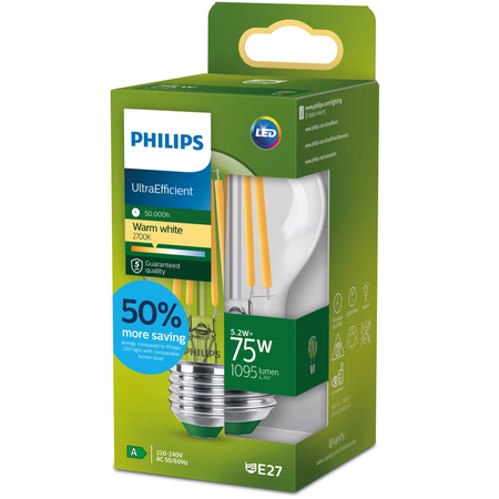 E27 A60 LED Lampen 5,2 W = 75 W, 1095 lm, 2700 K, warmes Filament PHILIPS, ultraeffizient