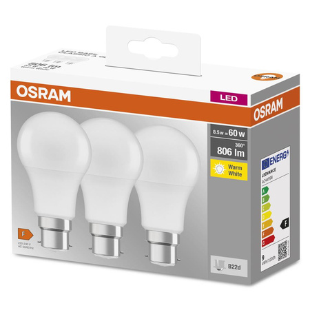 3x LED Lampe B22d A60 8,5W = 60W 806lm 2700K Warm 360° OSRAM