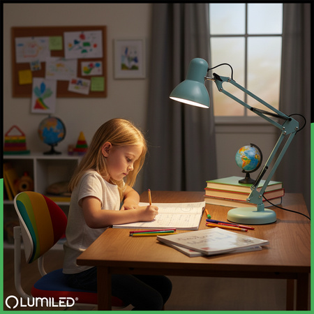 Schreibtisch Zeichnung Tischlampe E27 TOBI Pastellblau Lumiled + Countertop Halterung