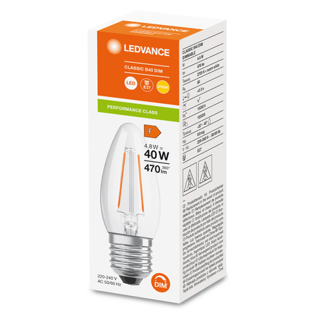 LED Lampen B35 E27 4.8W = 40W 470lm 2700K Warmweiß FILAMENT DIMMABLE LEDVANCE