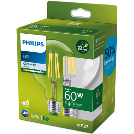 Globe E27 G95 LED Lampen 4W = 60W 840lm 4000K Neutralfaden PHILIPS Ultra Efficient