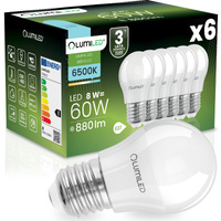 6x LED-Lampe E27 Kugel P45 8W = 60W 880lm 6500K kaltweiß 180° LUMILED