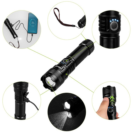 Wiederaufladbare taktische LED-Taschenlampe 600lm 10W Leistungsstarke ZOOM POWERBANK VA0179 VAYOX