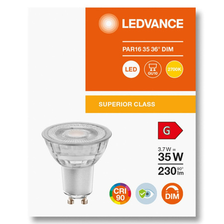 GU10 LED Leuchtmittel 3,7W = 35W 230lm 2700K Warm 36° CRI90 Dimmbares Glas LEDVANCE Superior