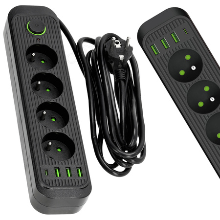 Verlängerungskabel CONNECTO 4x230V 3m 4GN Fehlerstromschutzschalter 4xUSB Schwarz Kobi