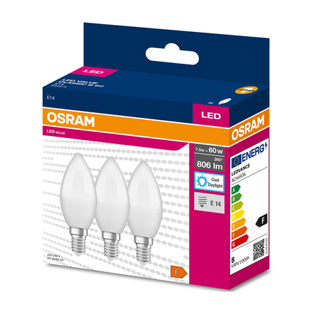 3x LED Lampe E14 B35 7W = 60W 806lm 6500K kalt 220° OSRAM Value