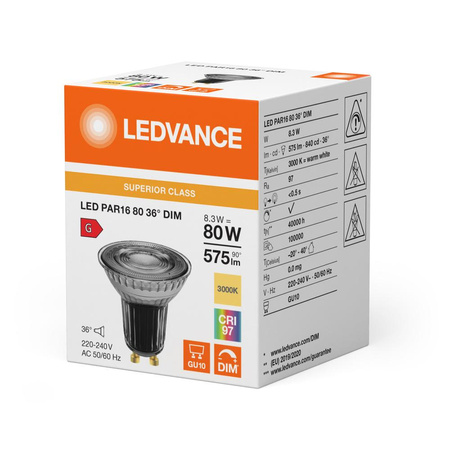LED-Reflektorlampe GU10 PAR16 8.3W = 80W 575lm 3000K Warm 36° CRI97 Dimmbar Ledvance