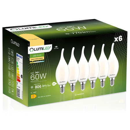 6x LED Lampen E14, Glühbirne Flame B35 7W = 60W 806lm 360° 3000K warm Milch Glühfaden LUMILED