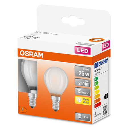2x LED-Lampe P45 Ball E14 2.5W = 25W 250lm 2700K Warm 300° Retrofit Glühfaden CLASSIC Osram