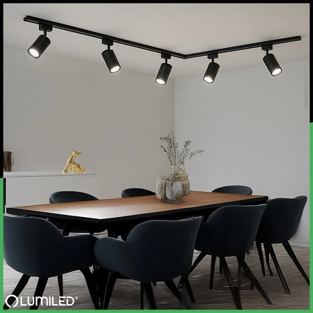 3m Stromschiene + 5x Schienenstrahler GU10 Schwarz SAGI + L-Verbinder LUMILED