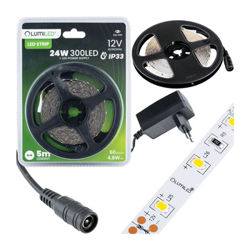 Set LED Streifenleiste 12V 24W 300LED SMD 2835 Wärme 8mm 5m + Netzteil