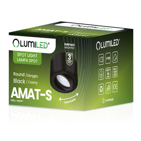 Halogen-Aufbauleuchte, Aufbauspot 50mm Runde Tube Schwarz AMAT-S+LED-Einsatz 7W 3000K LUMILED