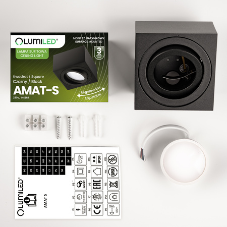 Halogen-Aufbauleuchte, Aufbauspot 50mm beweglich Quadrat Tube Schwarz AMAT-S+LED-Einsatz 5W 3000K LUMILED