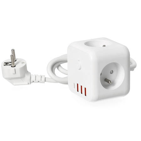 KOBI LINEA PRO CUBE 3x230V Splitter mit Masse und Schalter + 4xUSB Weiß