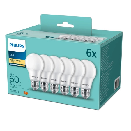 6x LED-Lampe E27 A60 8W = 60W 806lm 2700K Warm 180° Essential Philips