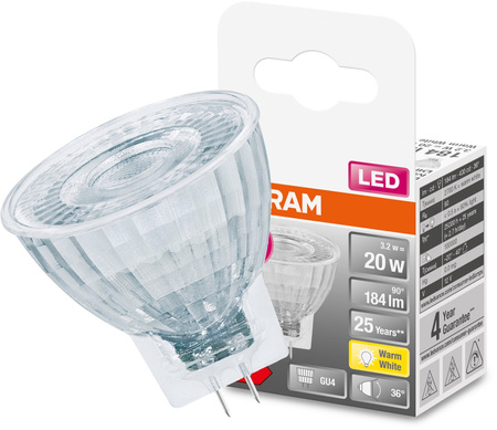 LED Lampe GU4 MR11 3.2W = 20W 184lm 2700K Warm 36° 12V CRI90 Dimmbar OSRAM SUPER STAR