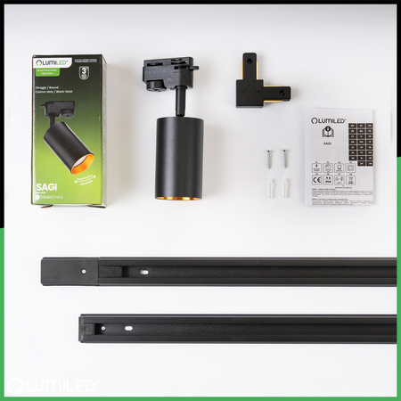 3m Stromschiene Schwarz + 5x Schienenstrahler GU10 Schwarz-Gold SAGI + L-Verbinder LUMILED