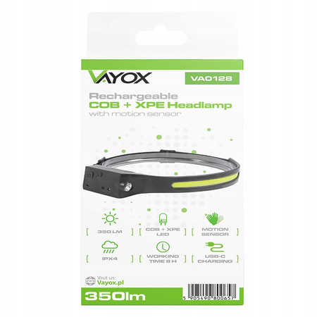 Wiederaufladbare LED-Stirnlampe COB+XPE 350lm IPX4 mit Bewegungssensor 5 Modi VAYOX