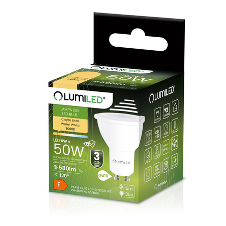 LED GU10 Reflektor PAR16 6W = 50W 580LM 3000K warmweiß 120° mit Bewegungssensor LUMILED