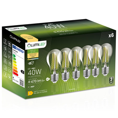 6x LED-Lampe E27 A60 4W = 40W 470lm 3000K Warm 360° FILAMENT LUMILED