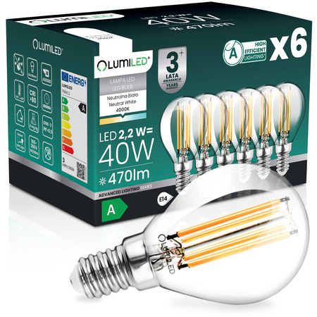 6x LED-Lampe E14 Kugel P45 2.2W 470lm = 40W 4000K neutralweiß 360° Filament Energieklasse A LUMILED