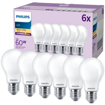 Set mit 6x LED Lampen E27 A60 7W = 60W 806lm 2700K Warm Filament Milky PHILIPS