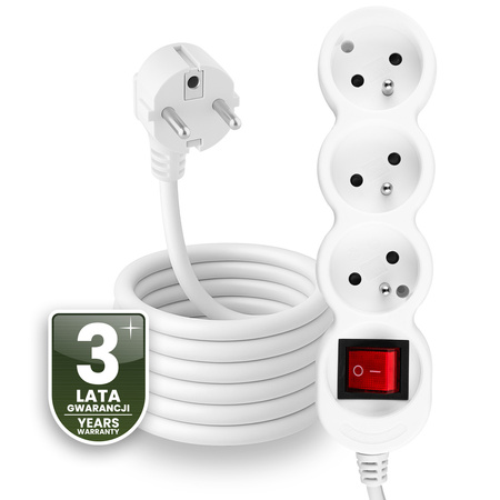 Netzverlängerungskabel geerdete Steckdosenleiste 3 Steckdosen 5m ON/OFF Schalter Weißes Kabel Lendo Lumiled