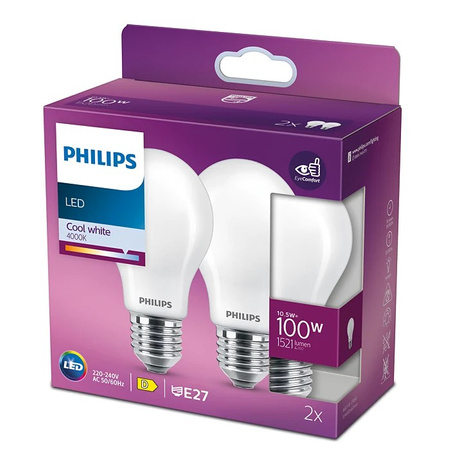 Set mit 2x LED-Glühbirne E27 A60 10,5W = 100W 1521lm 4000K Neutralfaden milchig PHILIPS